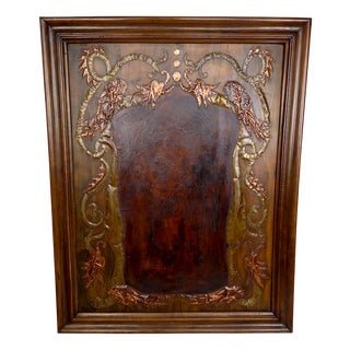 Art Nouveau La Fontaines Fable Panel with The Crow and the Fox Motif in Repoussé Leather and Dinanderie, 1890s For Sale