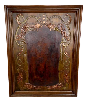 Art Nouveau La Fontaines Fable Panel with The Crow and the Fox Motif in Repoussé Leather and Dinanderie, 1890s