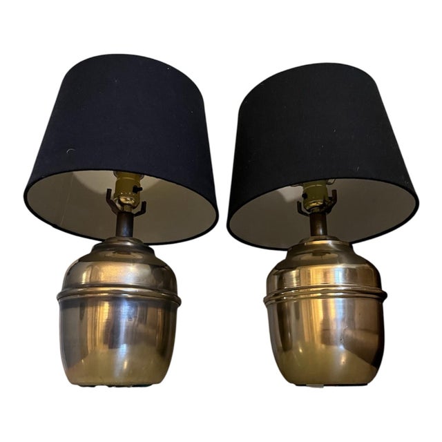 Black Pair of Vintage Brass Capsule Table Lamps With Black Shades For Sale - Image 8 of 8