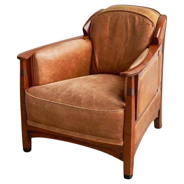 Vintage Art Deco Chair in Oak and Cognac Leather, 1980s For Sale
