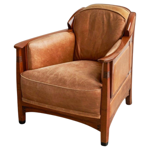 Vintage Art Deco Chair in Oak and Cognac Leather, 1980s