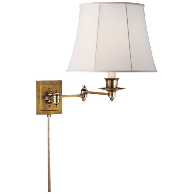 Triple Swing Arm Wall Lamp in Hand-Rubbed Antique Brass with Linen Shade Height: 13" Extension: 18.5" Backplate: 3.5" x...