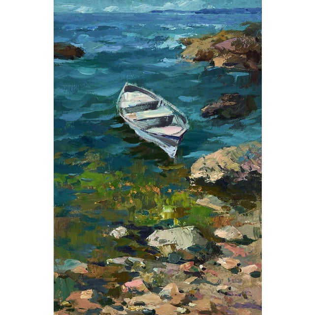Oil Painting a Lonely Boat on the Seashore Yuriy Suprunchuk For Sale