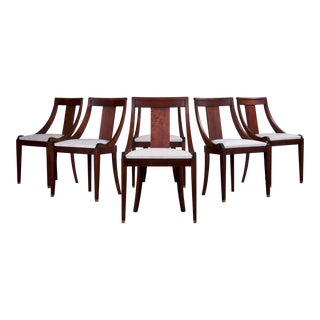 Antique French Empire Gondola Style Maple Dining Chairs W/ Off-White Fabric - Set of 6 For Sale