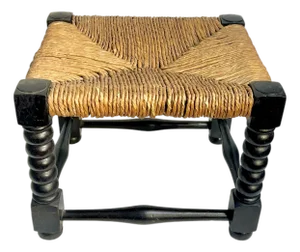 Antique English Jacobean Style Country Woven Rush Seat Stool With Bobbin Legs