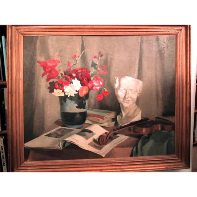 Painting Still Life of Flowers, with sculpture and violin by Reine Virely-Colmez (1906-1946) Oil on panel from 1937 I have...