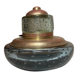 Large Vintage Handmade Hand Blown Control Bubble Glass Bronze Desk Inkwell Jar For Sale
