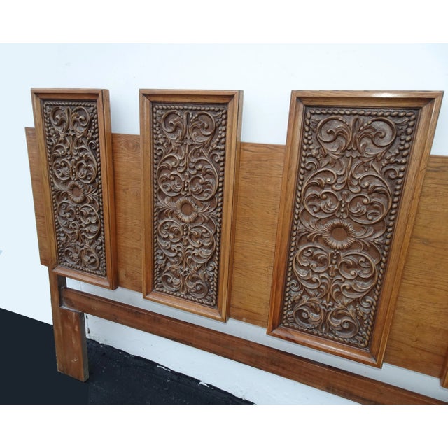 1970s Vintage Drexel Mid-Century King Size Headboard Spanish Style W Five Carved Panels For Sale - Image 5 of 13