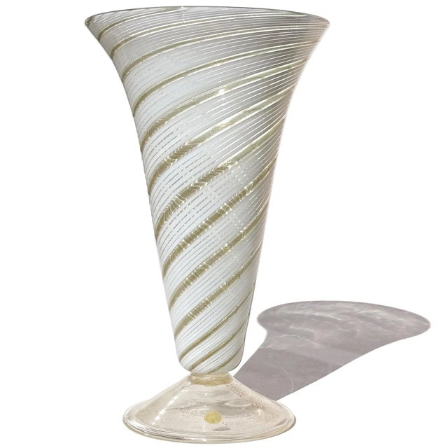 Mid-Century Modern Vintage Murano Large White Copper Aventurine Ribbons Italian Art Glass Footed Flower Vase For Sale - Image 3 of 9