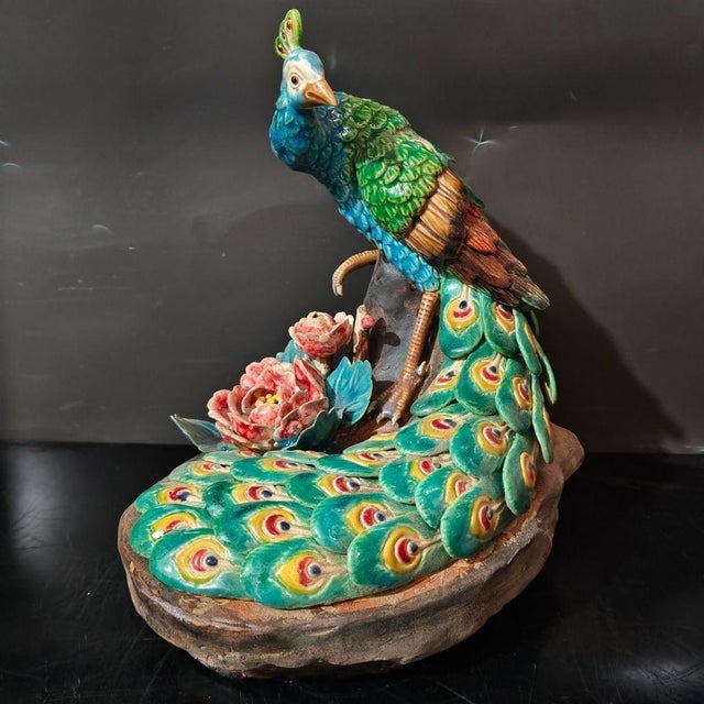 1. **Hand-Painted Ceramic Peacock Statue, Blue-Green-Yellow-Red Plumage, Floral Base** For Sale In New York - Image 6 of 7