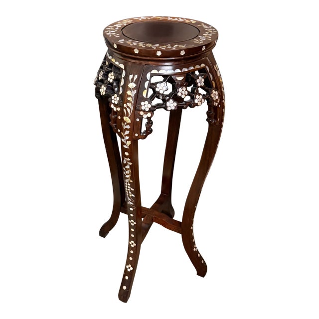 Late 20th Century Chinese Rosewood Plant Stand With Mother-of-Pearl Floral Detail For Sale