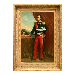 King in Military Uniform Painting Large Oil on Canvas Vintage Classic Art Decor For Sale