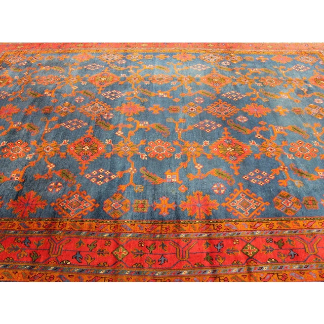 Early 20th Century Antique Turkish Oushak Rug in Vibrant Blue Red Green With All-Over Design For Sale - Image 9 of 12