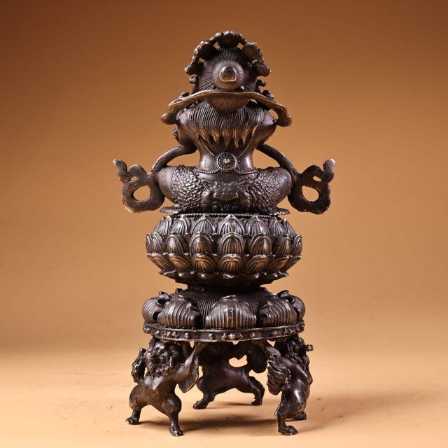 Vintage Tibetan Gilded & Silvered Bronze Vajra Censer, High Relief Carving, Lotus Base With Guardian Supports, Chinoiserie Buddhist Incense Burner For Sale In Los Angeles - Image 6 of 10