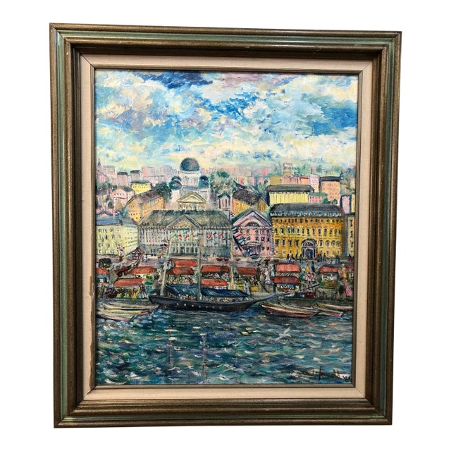 “Afternoon on the Waterfront” - Oil on Canvas 1986 Signed on the Bottom, Framed For Sale