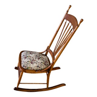 1920s Antique Needlepoint Tapestry Armless Spindle Back Rocking Chair For Sale