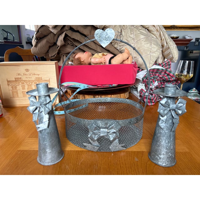 1990s Handcrafted Philippine Galvanized Metal Bow Candleholders & Heart Basket – 3 Pc Set For Sale In Boston - Image 6 of 8