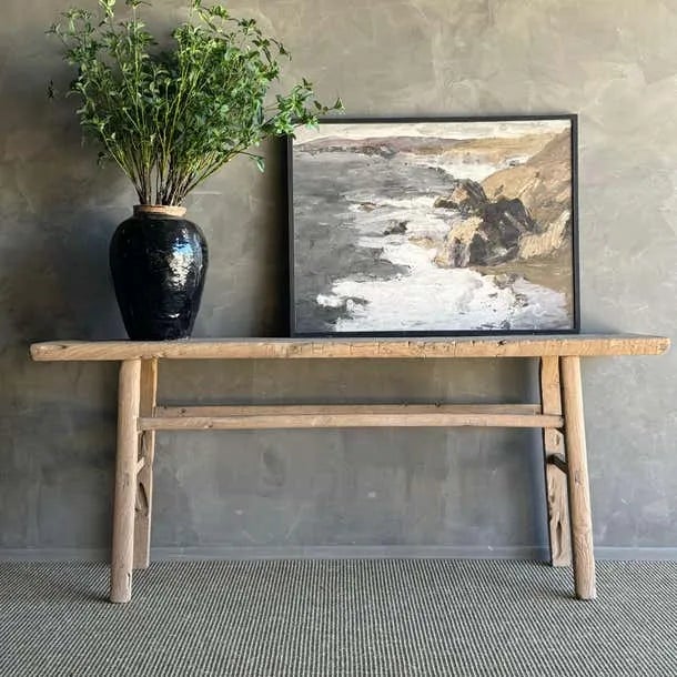 Vintage elm wood console table. Crafted from authentic elm wood, this console table boasts a beautiful original natural...