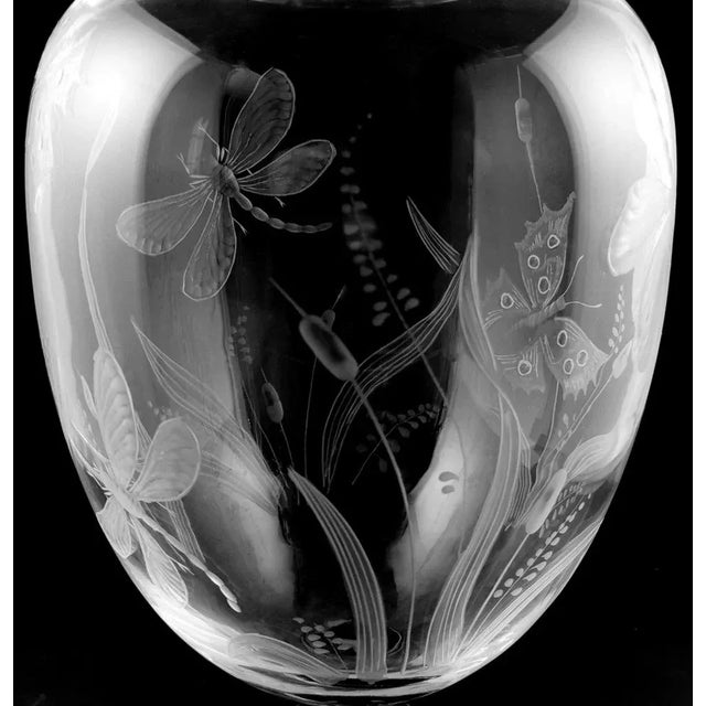 Black Large Art Nouveau Style Crystal Vase Engraved with Butterflies and Dragonflies, 1982 For Sale - Image 8 of 13