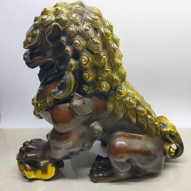 Pair of Vintage Chinese Gilt Bronze Guardian Lions (Foo Dogs) on Embroidered Balls For Sale In Los Angeles - Image 6 of 9
