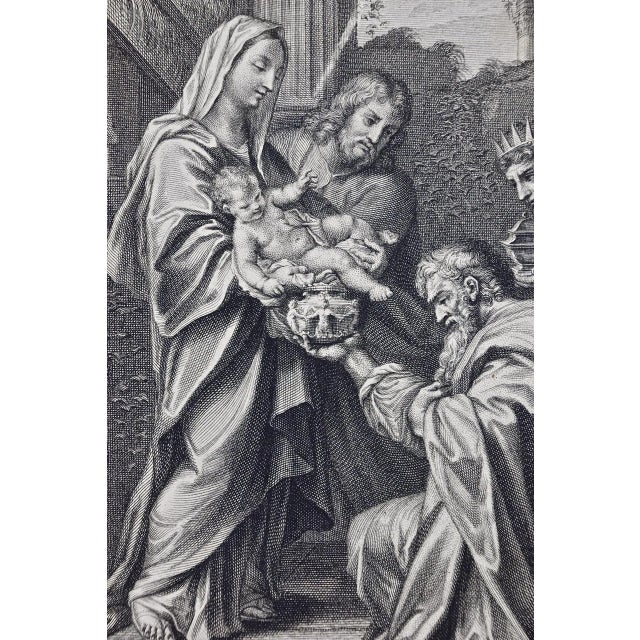 Early 18th Century "The Gift of the Magi": An 18th C. Religious Engraving by Vale, After Calmarat For Sale - Image 5 of 6