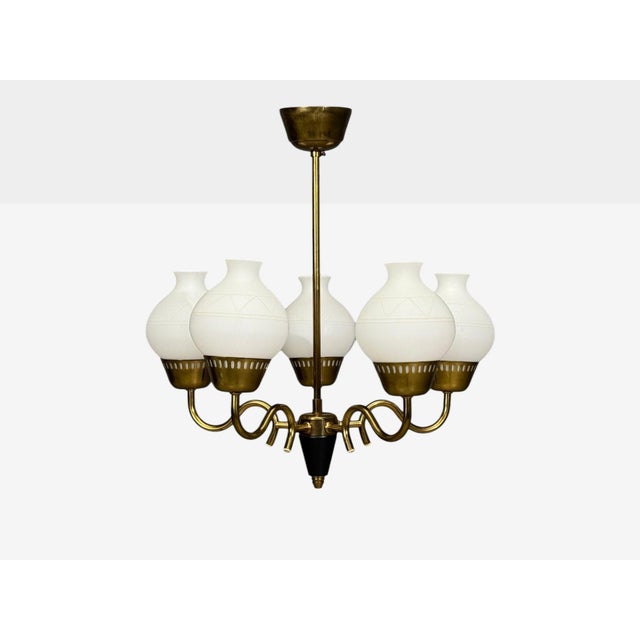 1950s 1950s Danish Modern, Pendant Light, Brass, Etched Glass For Sale - Image 5 of 12