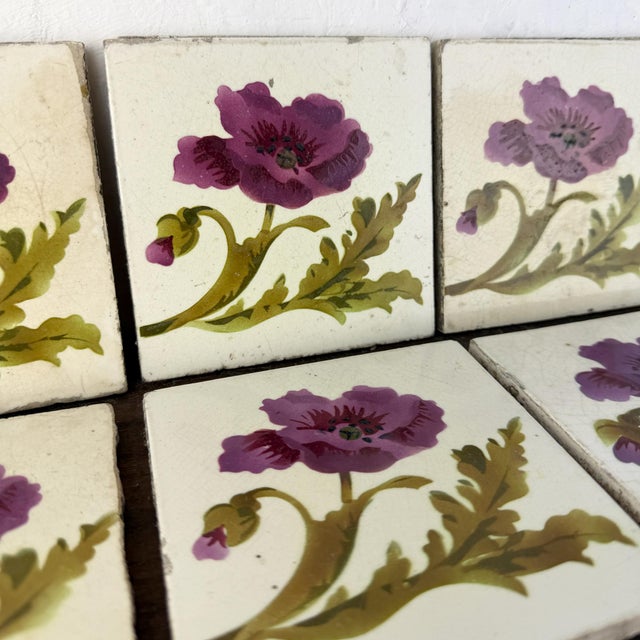 Antique Art Nouveau Floral Ceramic Tiles, 1890s, Set of 6 For Sale - Image 6 of 13