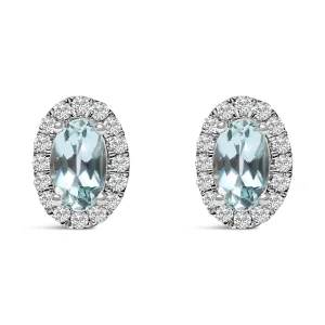 10K White Gold 5x3 MM Oval Blue Aquamarine and Diamond Halo Stud Earrings (I-J Color, I1-I2 Clarity)