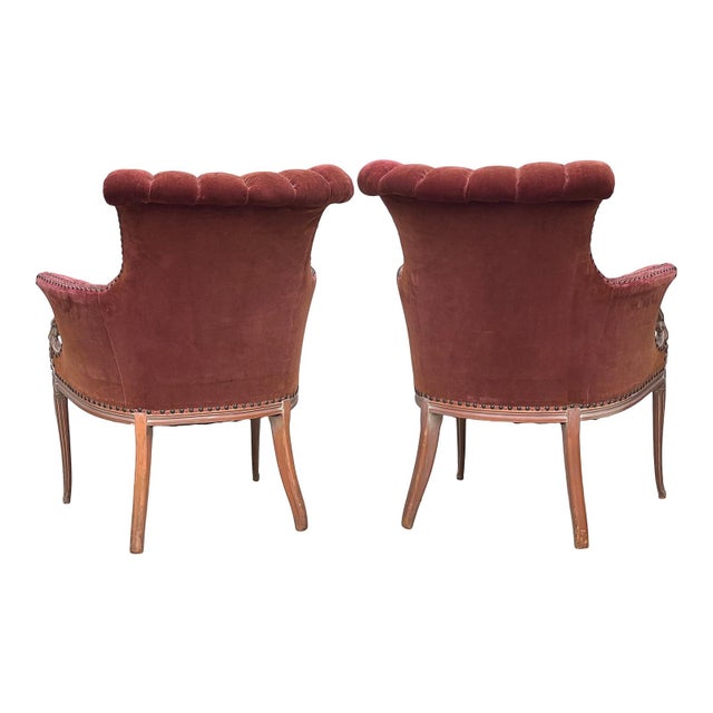 1930s Velvet Carved Wood Victorian Louie XVI Style Armchair-A Pair For Sale - Image 4 of 5