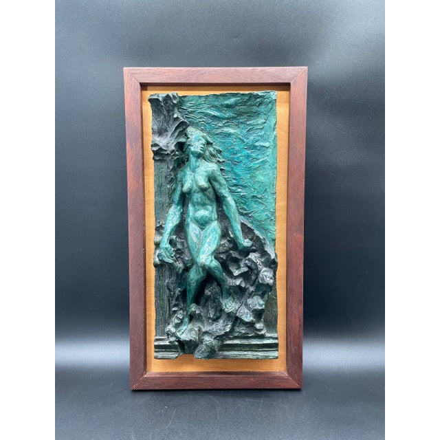 Artist Signed Bronze Wall Hanging Sculpture of Nude Woman on a Wooden Frame Circa 1990 For Sale - Image 11 of 11