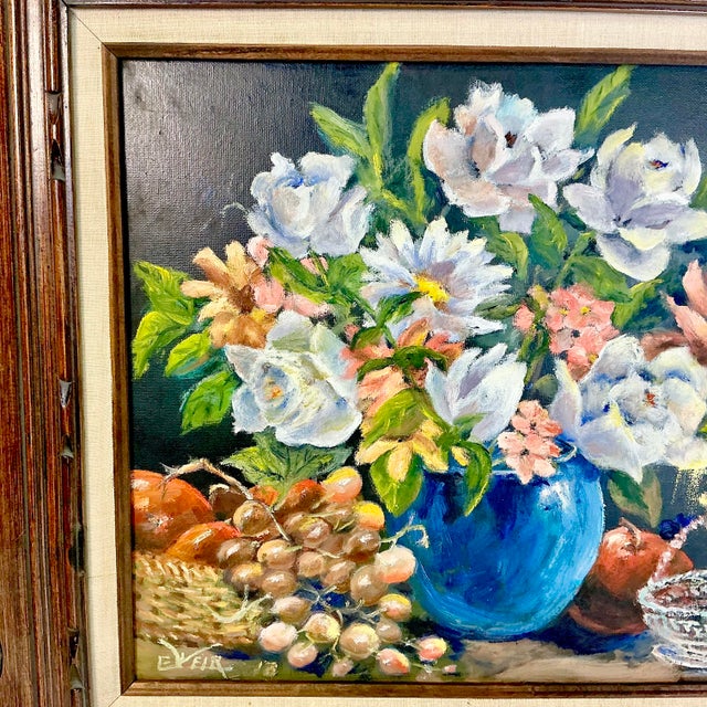 Royal Blue 1960s Original Oil Painting Impressionist Blue Vase Still Life by Edith Weir. For Sale - Image 8 of 11