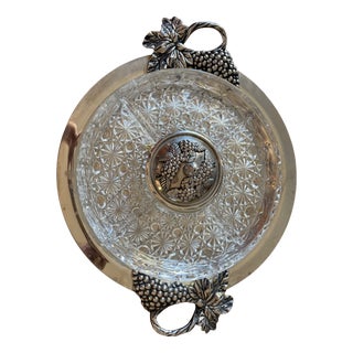Art Nouveau Cut Crystal Serving Platter with Silver-Plated Metal and Vine Leaves, 1900 For Sale