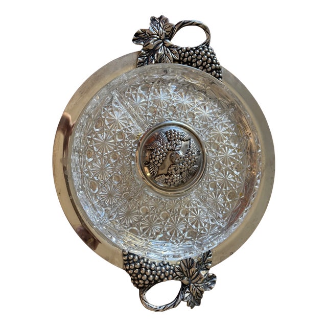 Art Nouveau Cut Crystal Serving Platter with Silver-Plated Metal and Vine Leaves, 1900 For Sale