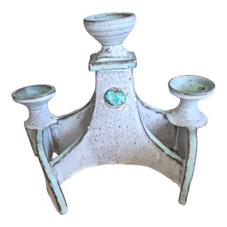Mid Century Stoneware and Turquoise Candelabra For Sale