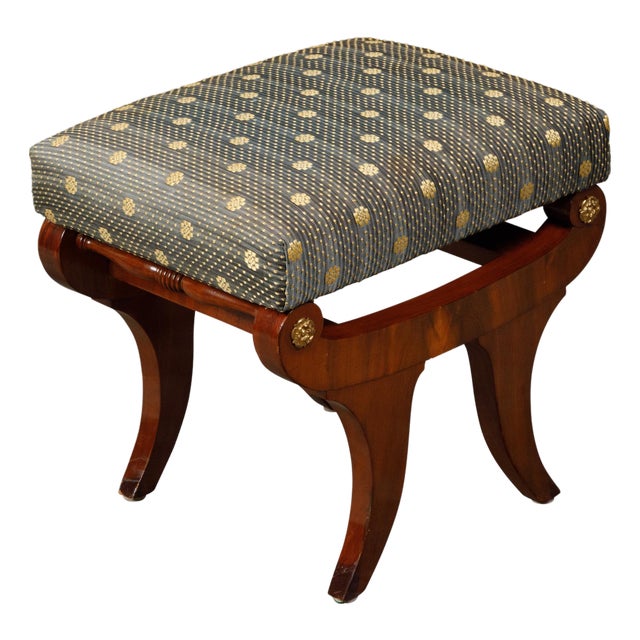 Biedermeier Period 19th Century Walnut Stool with Gilt Rosettes and Upholstery For Sale