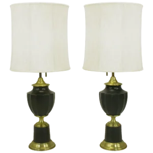 Lightolier Neoclassical Brass and Darkest Green Urn Form Table Lamps - a Pair