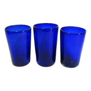 Vintage Cobalt Blue Blown Drinking Glasses - Set of 3 For Sale