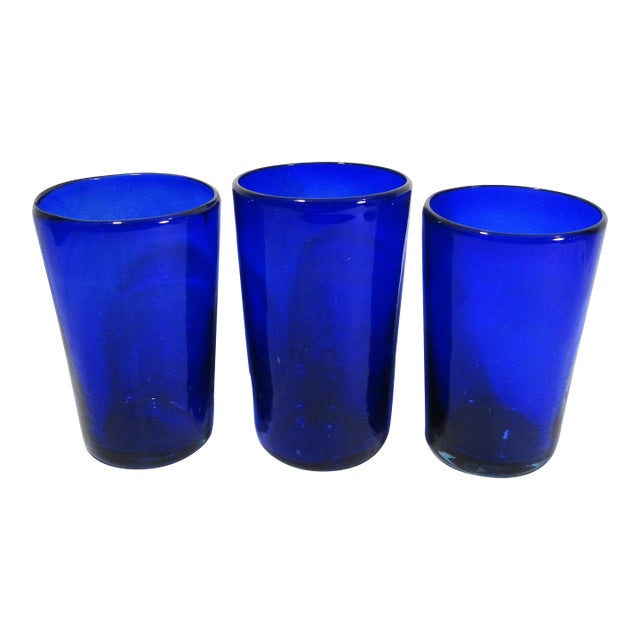 Vintage Cobalt Blue Blown Drinking Glasses - Set of 3 For Sale