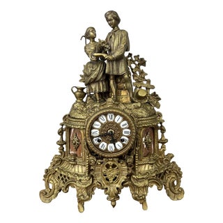 Vintage Brass Figurine Mantel Clock For Sale