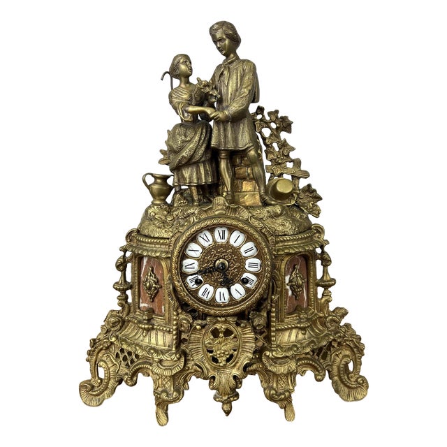 Vintage Brass Figurine Mantel Clock For Sale