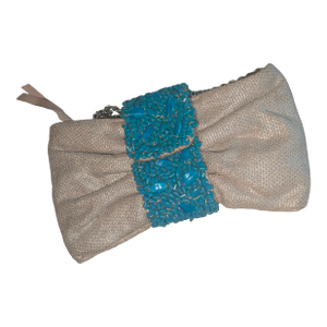 2005 Banana Republic Clutch Shimmery Chunky Linen and Torquoise Beads
