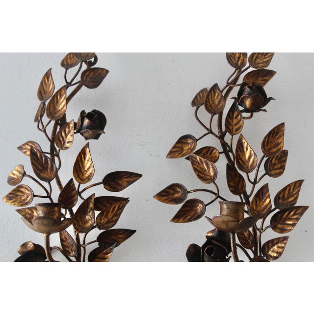Hans Kögl Late 20th Century Hans Kögl Style Gilded Flowers Stems Leaves Wall Mount Candle Holders Sconces - a Pair For Sale - Image 4 of 18