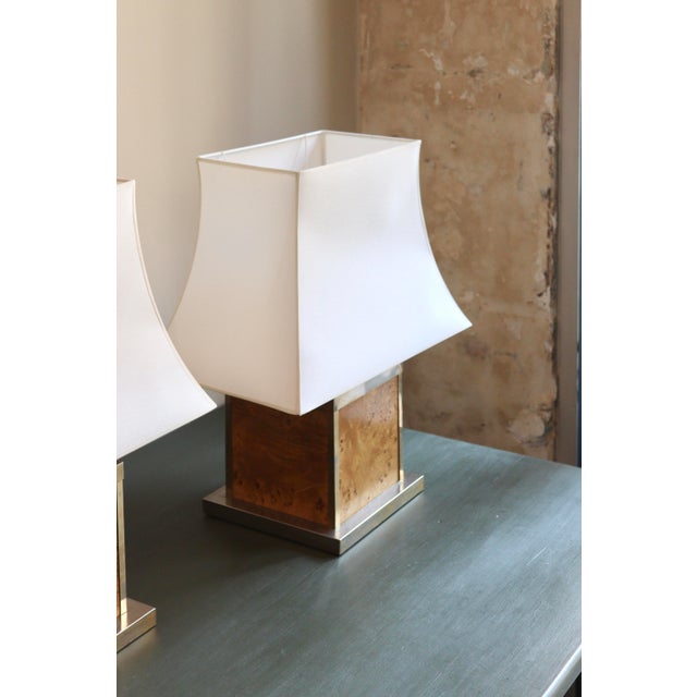 Pair of Elm Burlwood Lamps, 1970s. Beautiful vintage lamps with pagoda shades. Dimensions: Base 22.5 x 22.5 cm; Width 40 x...