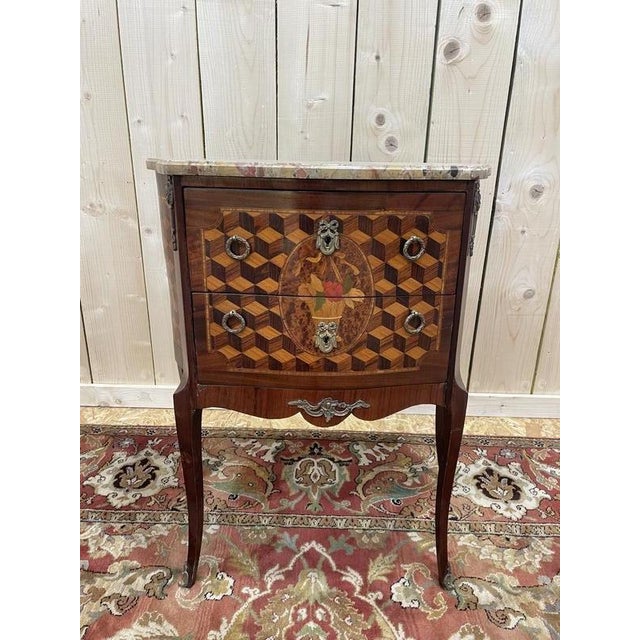 Wood Small Transition Style Marquetry Chest of Drawers For Sale - Image 7 of 7