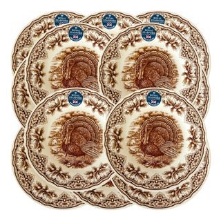 Royal Stafford English Brown Transferware Turkey Thanksgiving Salad Plates - Set of 12 For Sale