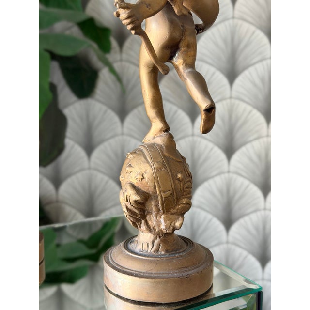 Antique Art Nouveau Brass Cherub Cupid Angel Statue Sculptures in the Style of A. Moreau - A Pair For Sale - Image 11 of 12