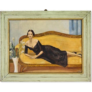 Giovanni Bussa, Elegant Lady Reclining on a Yellow Sofa, Oil Painting, Early 20th Century For Sale