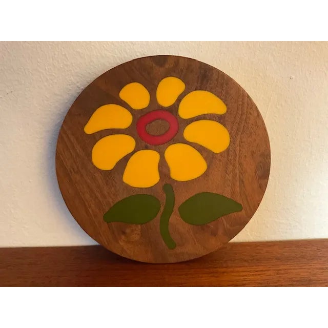 This Vintage Mid Century walnut trivet or small cheese board cheerful and colorful flower inlay. This charming trivet...