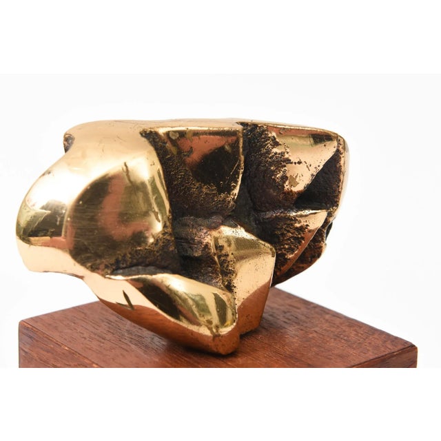 Vintage Signed Initialed Brass Bronze and Wood Small Abstract Sculpture For Sale - Image 4 of 9