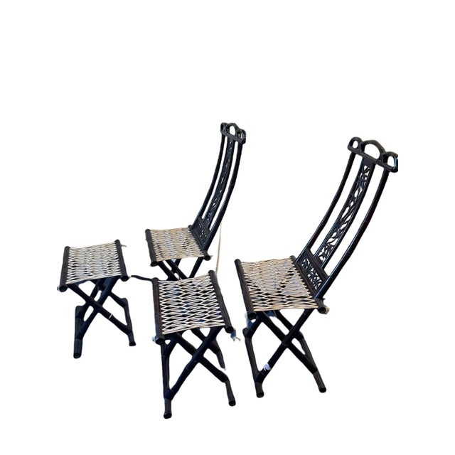 Early 20th Century Antique Hand-Crafted Asian Bamboo Folding Chairs With Stools- 4 Pieces For Sale - Image 5 of 13